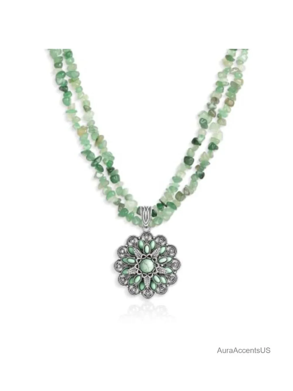 Western Boho Layered Aventurine Chip Necklace with Floral Pendant